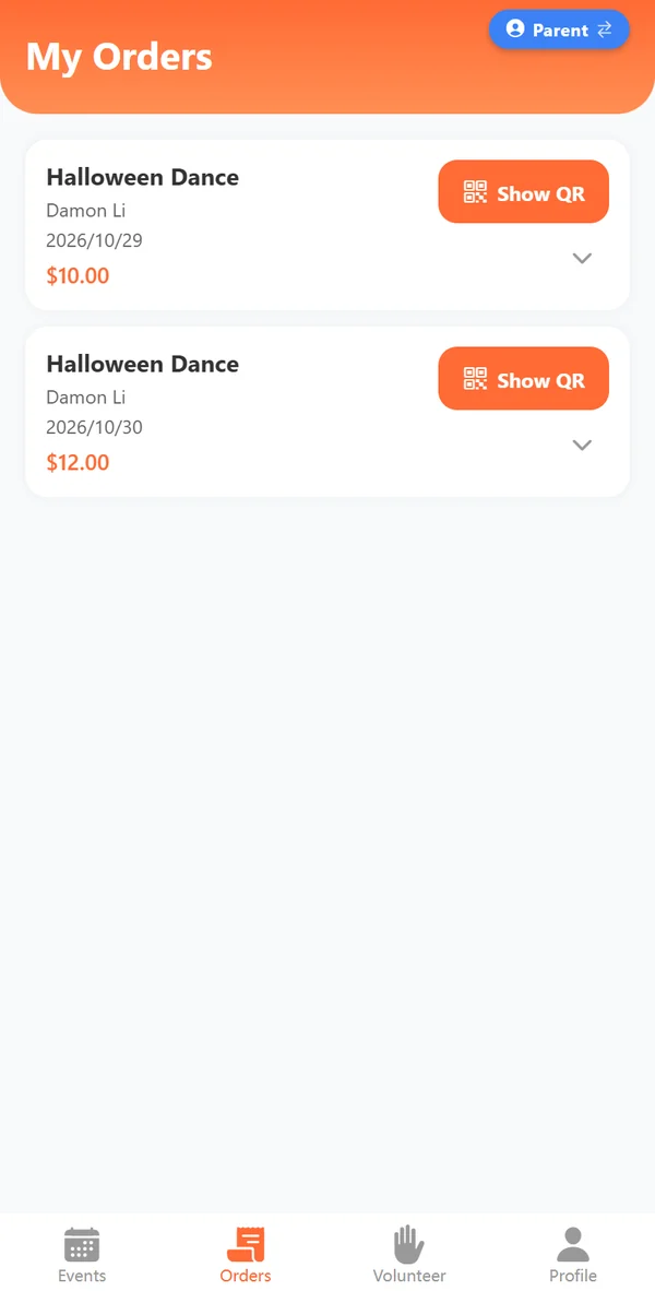 My Orders screen showing two Halloween Dance orders with Show QR buttons