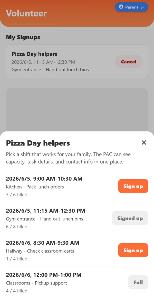 Pizza Day helpers sign-up sheet with shift times, tasks and spots filled