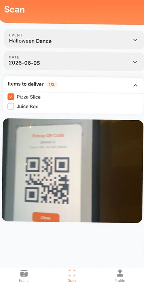 Scan screen for Halloween Dance with items to deliver and the camera reading a QR code